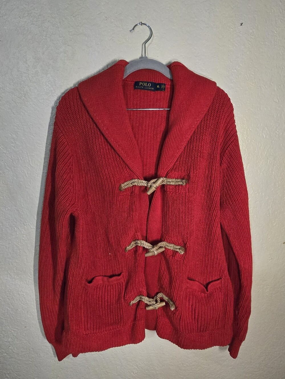 Polo by Ralph Lauren Red Hooded Toggle Cardigan XL